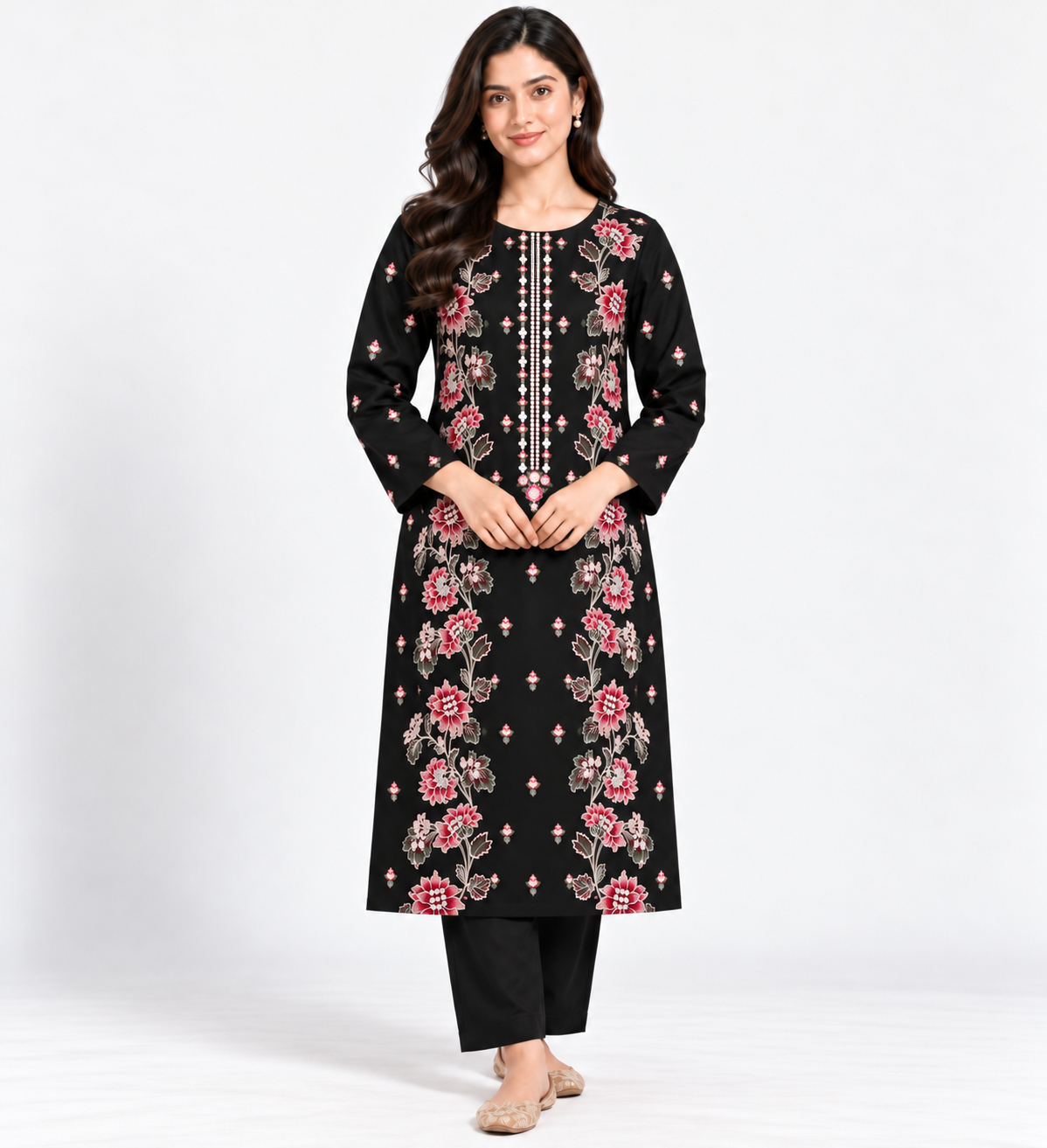 Black Embroidered Cotton Katrai Unstitched 2 Piece Suit front view - Zaylena Wear