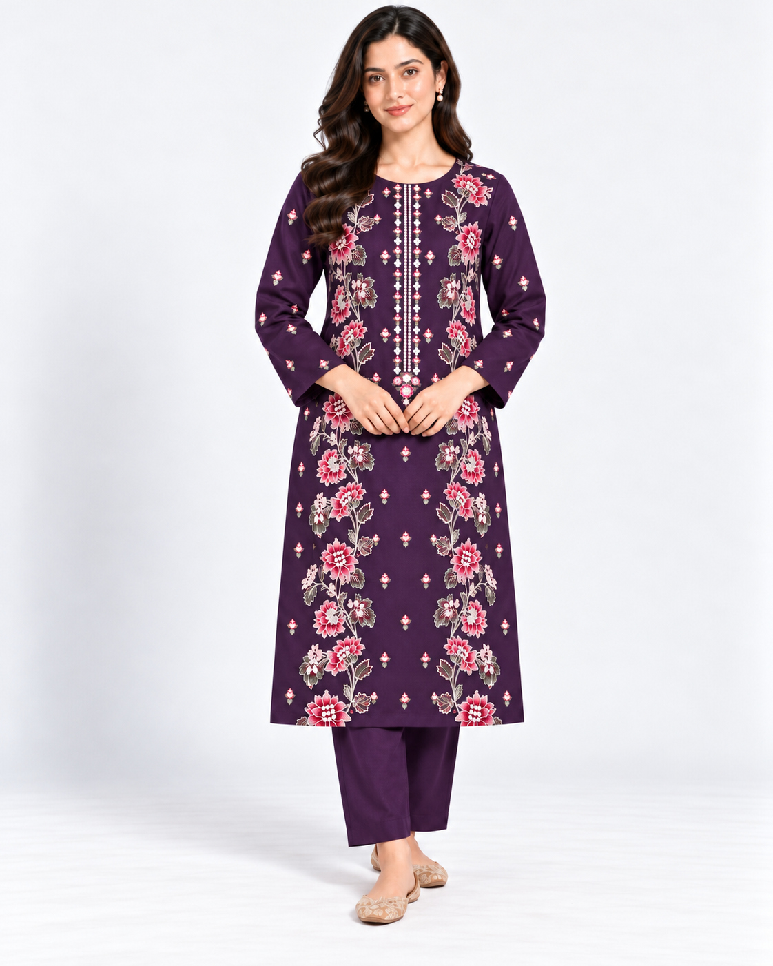 Purple Embroidered Cotton Katrai Unstitched 2 Piece Suit front view - Zaylena Wear