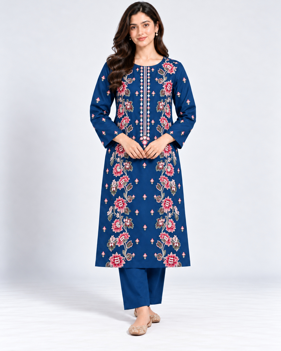 Royal Blue Embroidered Cotton Katrai Unstitched 2 Piece Suit front view - Zaylena Wear