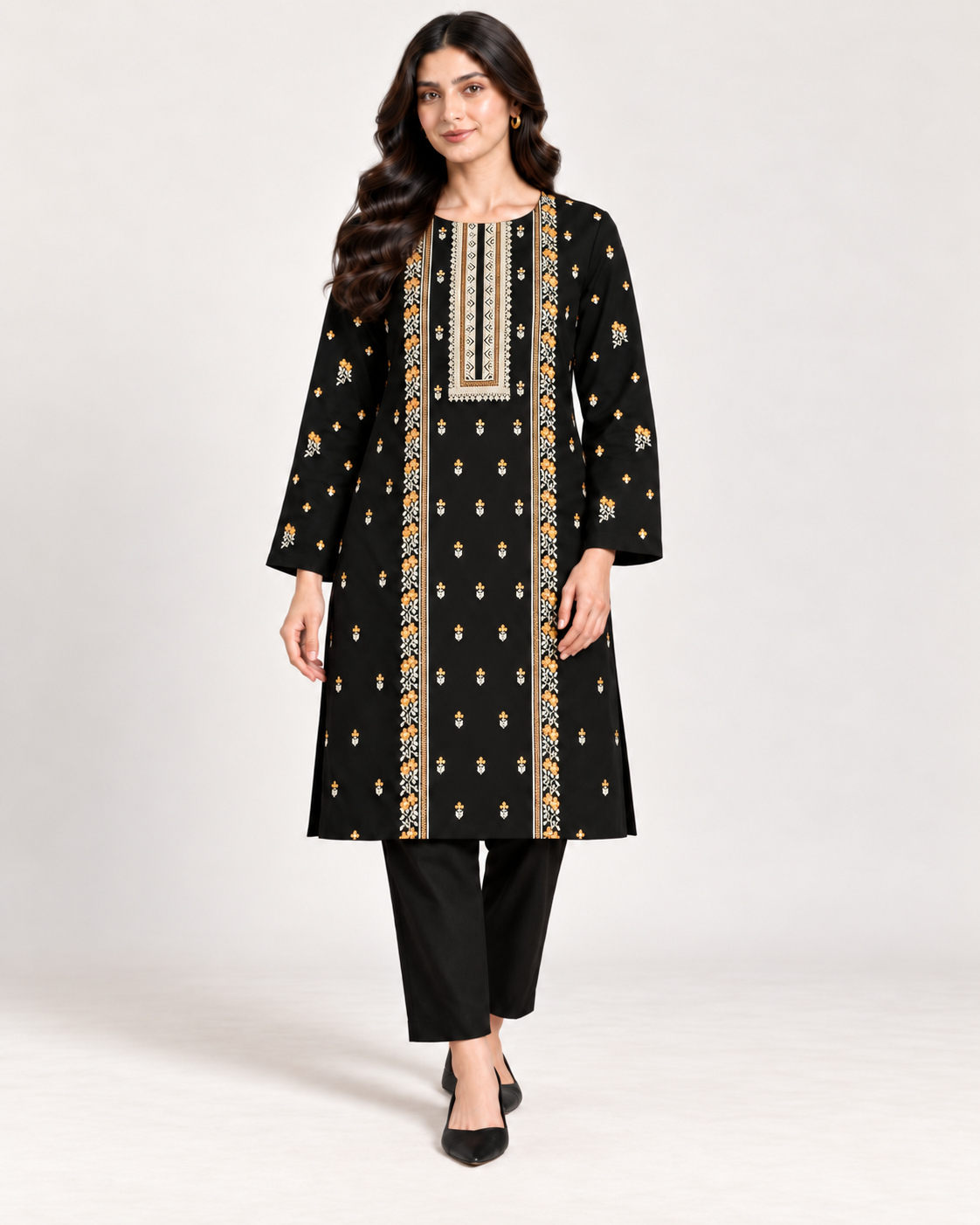 Black Embroidered Karandi Unstitched 2 Piece Suit front view - Zaylena Wear