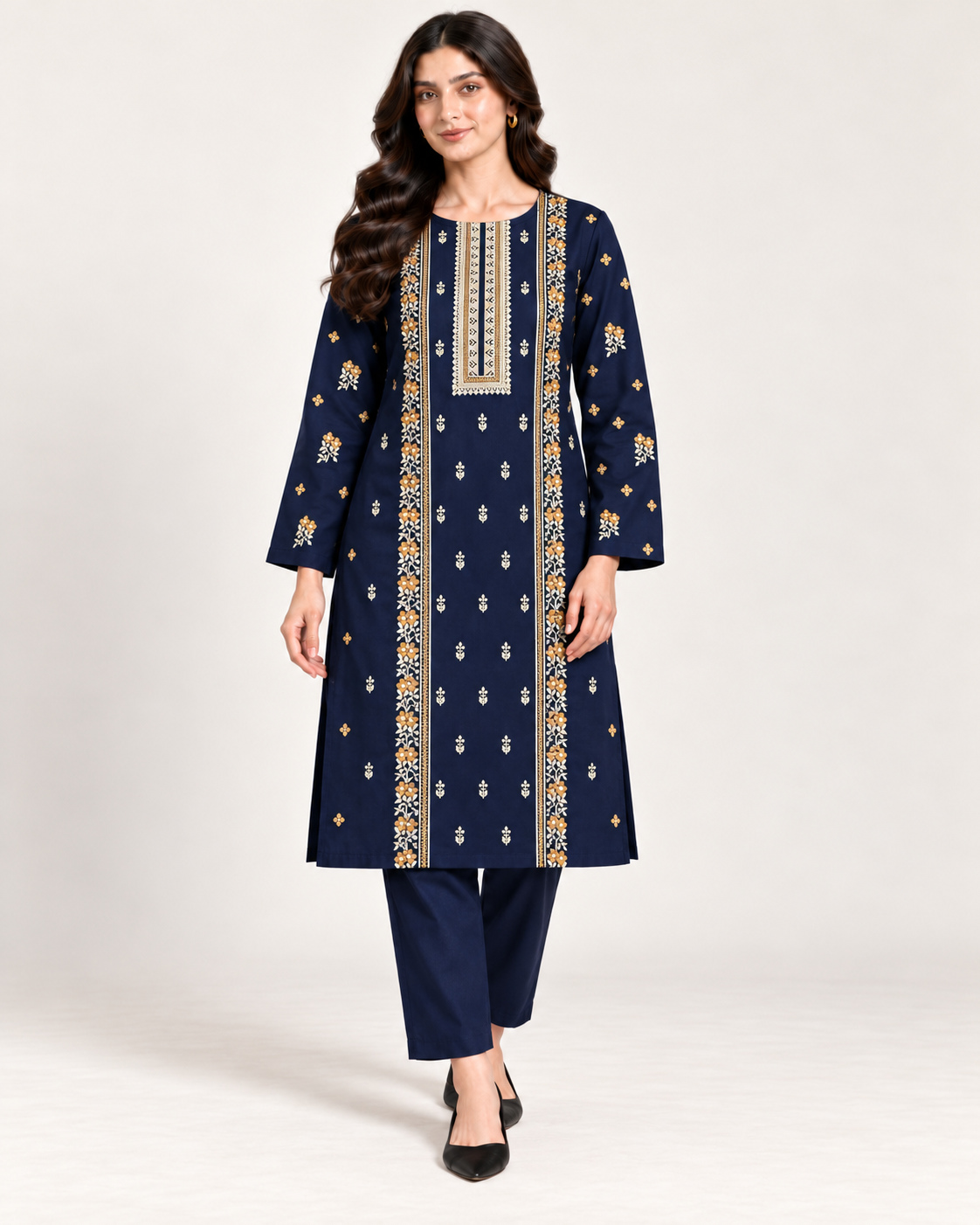 Navy Blue Embroidered Karandi Unstitched 2 Piece Suit front view - Zaylena Wear