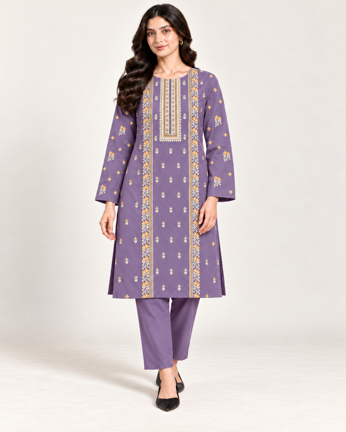 Purple Embroidered Karandi Unstitched 2 Piece Suit front view - Zaylena Wear