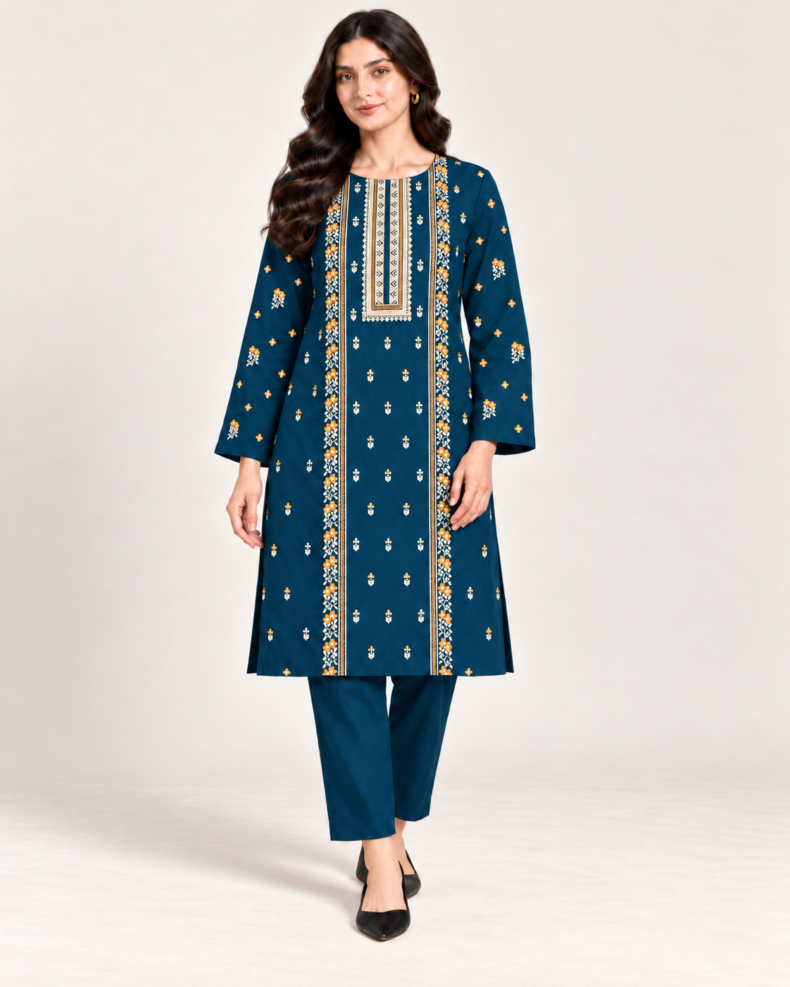 Teal Blue Embroidered Karandi Unstitched 2 Piece Suit front view - Zaylena Wear