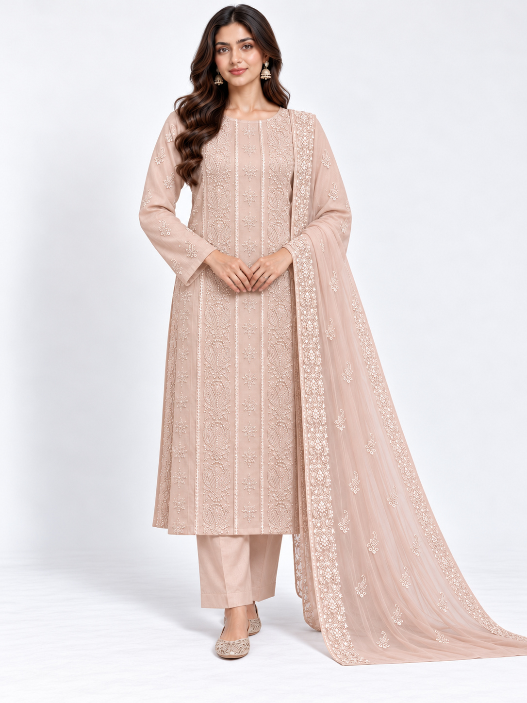 Blush Pink Embroidered Karandi 3 Piece Suit with Chiffon Dupatta front view - Zaylena Wear