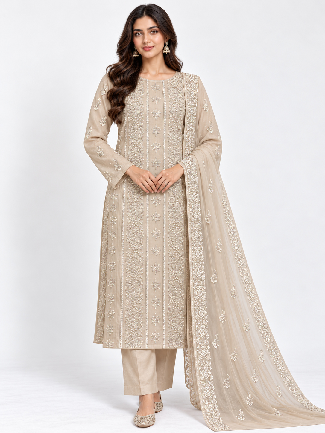 Champagne Beige Embroidered Karandi 3 Piece Suit with Chiffon Dupatta front view - Zaylena Wear