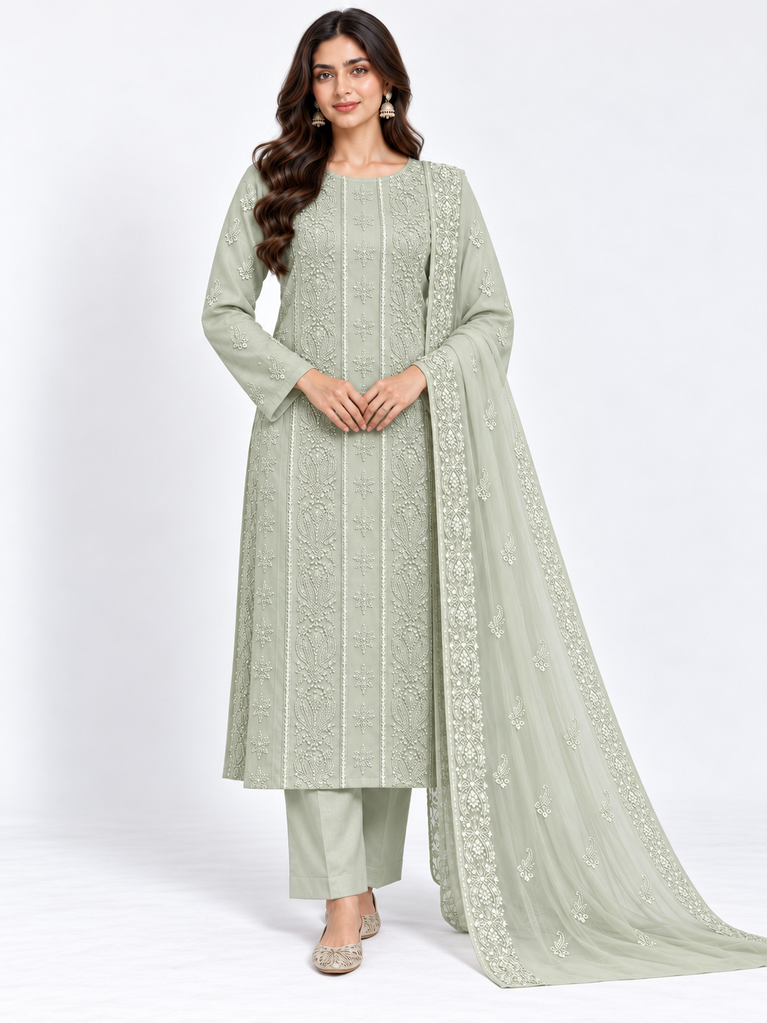 Sage Green Embroidered Karandi 3 Piece Suit with Chiffon Dupatta front view - Zaylena Wear