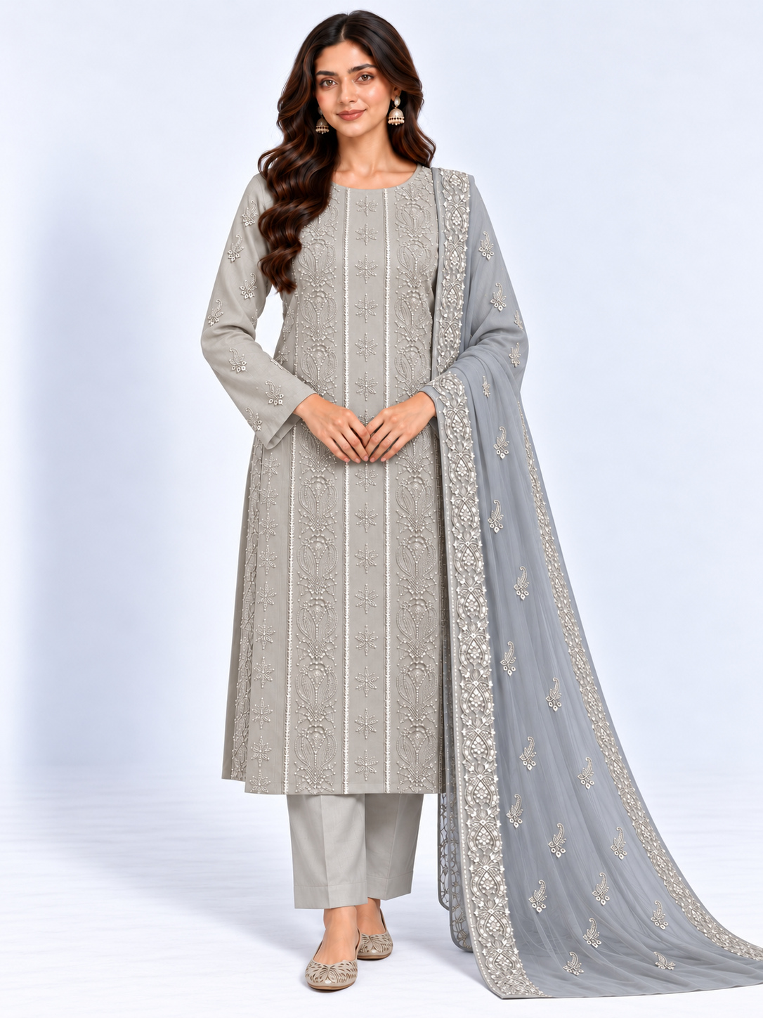 Silver Grey Embroidered Karandi 3 Piece Suit with Chiffon Dupatta front view - Zaylena Wear