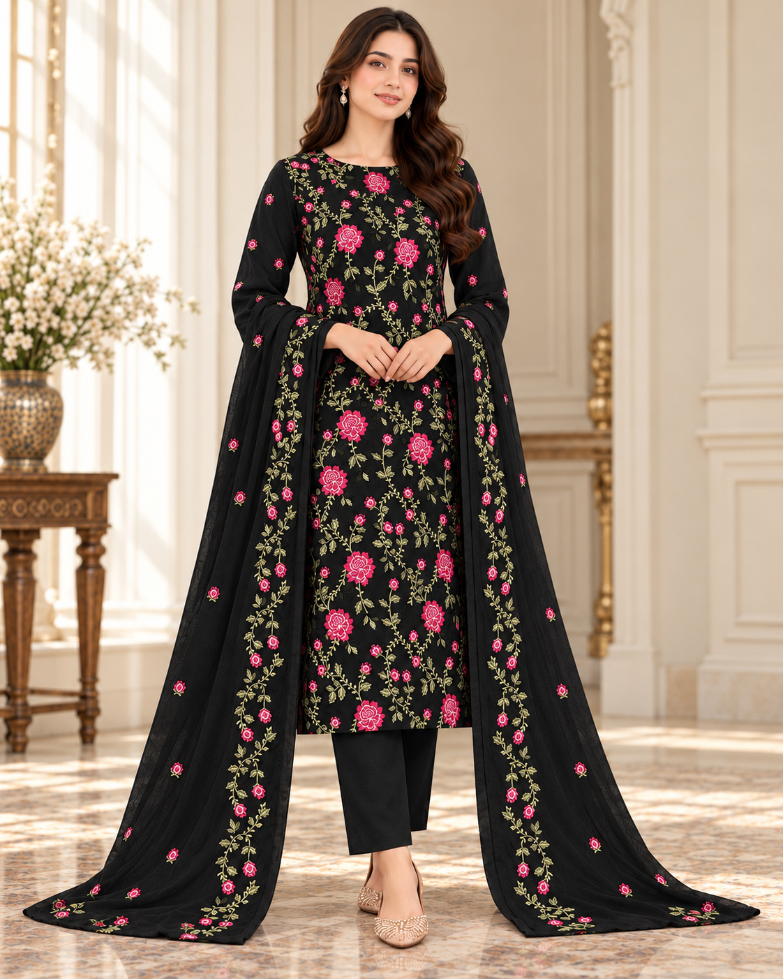Black Embroidered Karandi 3 Piece Suit with Karandi Dupatta front view - Zaylena Wear