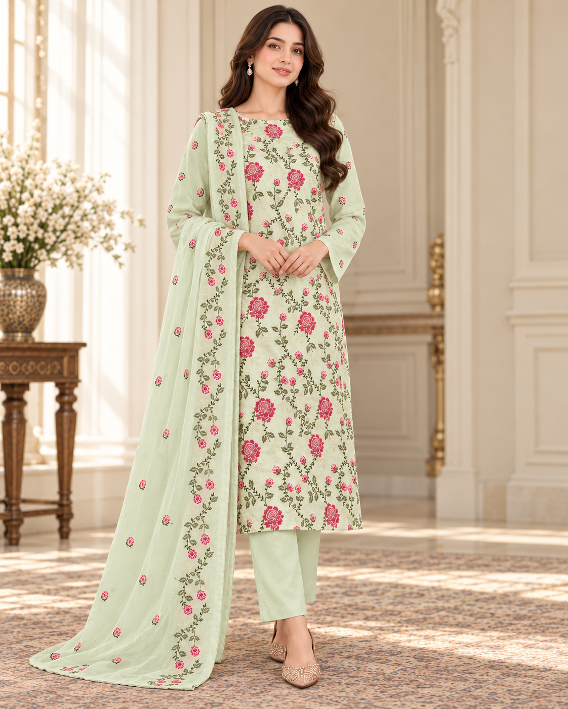 Green Embroidered Karandi 3 Piece Suit with Karandi Dupatta front view - Zaylena Wear