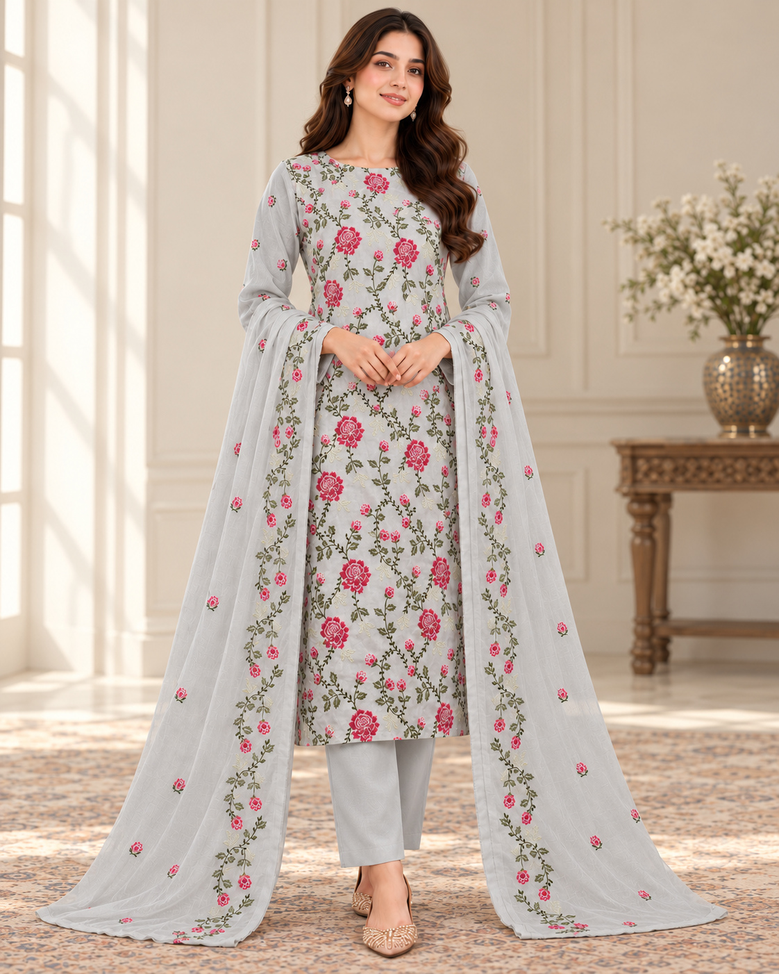 Grey Embroidered Karandi 3 Piece Suit with Karandi Dupatta front view - Zaylena Wear