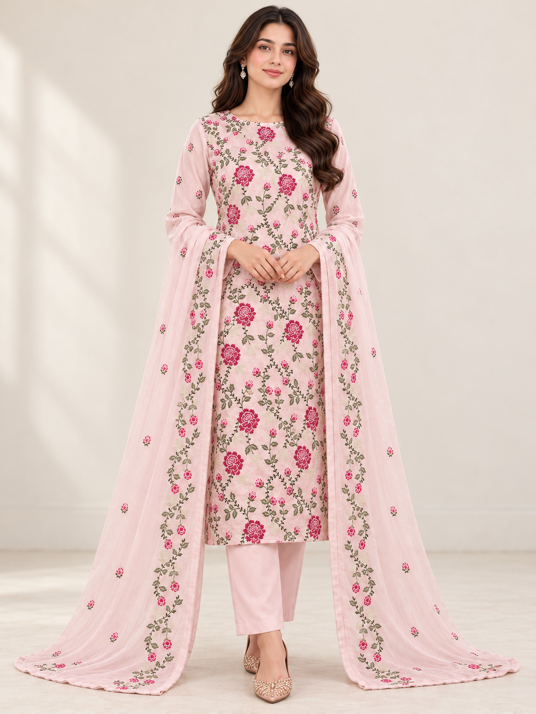 Pink Embroidered Karandi 3 Piece Suit with Karandi Dupatta copy front view - Zaylena Wear