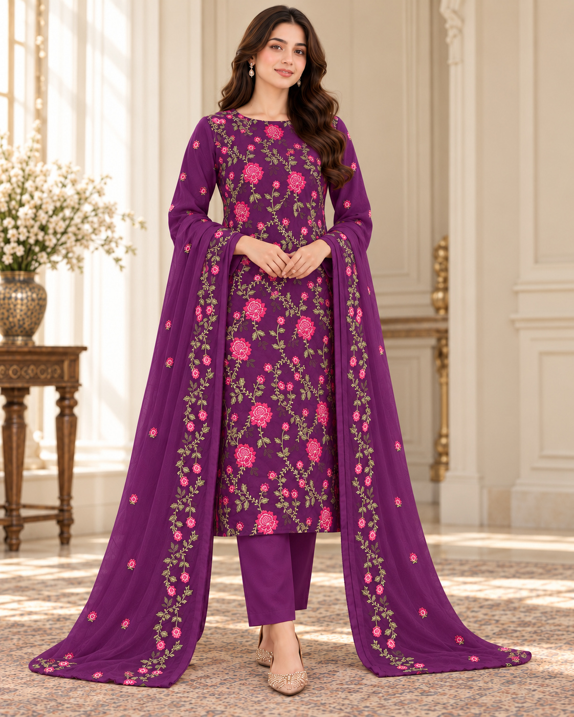 Purple Embroidered Karandi 3 Piece Suit with Karandi Dupatta front view - Zaylena Wear